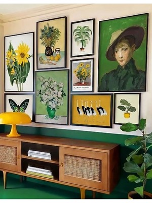 Wooden Factory Vintage Botanik Duvar Sanatı, Çiçek, Van Gogh, 9'lu Galeri Ahşap Çerçeveli Tablo Seti