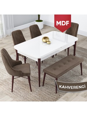 Canisa Concept Lia Serisi MDF 80 x 132 cm Mutfak Masa Takımı Beyaz Masa Ceviz Ayak 4 Sandalye ve 1 Bench
