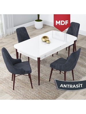 Canisa Concept Lia Serisi, MDF 80 x 132 cm Açılabilir Mutfak Masa Takımı, Beyaz Masa Ceviz Ayak 4 Sandalye