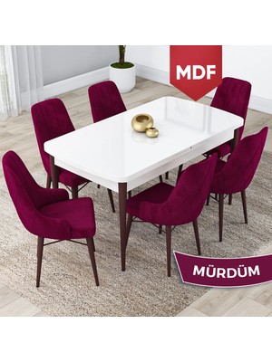 Canisa Concept Lia Serisi,MDF 80 x 132 cm Açılabilir Mutfak Masa Takımı, Beyaz Masa Ceviz Ayak 6 Sandalye