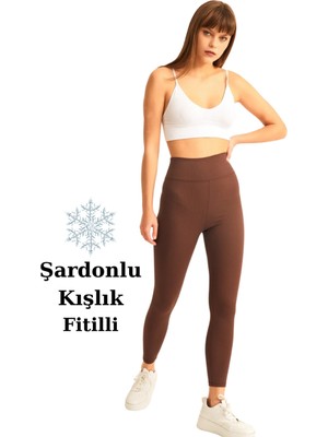 Kahverengi Yüksek Bel Fitilli Toparlayıcı İnterlok Örme Şardonlu Spor Kışlık Tayt