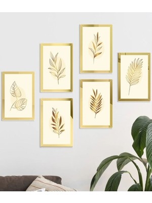 Wooden Factory 6 Parça Gold Detaylı Tablo Seti, Aynalı Gold Pleksi Çerçeveli, Uv Baskı