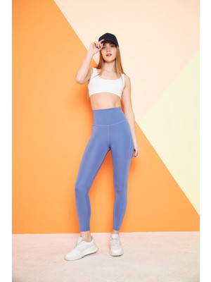 Mavi Yüksek Bel Sıkılaştırıcı Toparlayıcı Push-up Çift Cepli Bilek Hizasında Spor Tayt