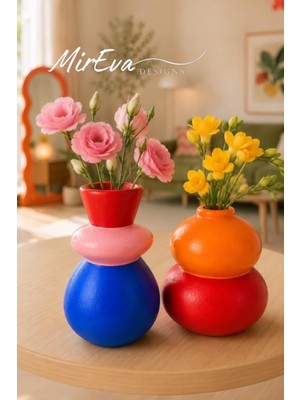 Mireva Maksimalist Ikili Vazo Seti, Modern Stil, El Yapımı Taş Tozu, Renkli Kıvrımlı Dekoratif Obje, 12CM & 9cm, Mavi Pembe Kırmızı Turuncu