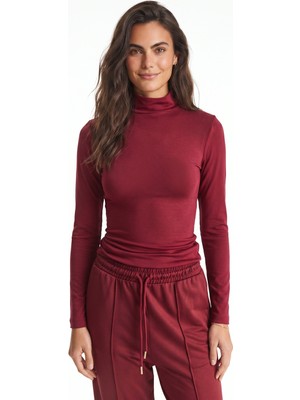 Onloox Bordo Viskon Dokuma Yarım Balıkçı Yaka Slim Fit Uzun Kollu Esnek Basic Bluz