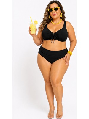 Pierre Cardin Büyük Beden Sabit Kaplı Telli Desenli Üst Bağcık Detaylı Yüksek Bel Kadın Bikini Takımı