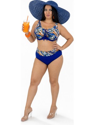 Pierre Cardin Büyük Beden Sabit Kaplı Telli Desenli Üst Bağcık Detaylı Yüksek Bel Kadın Bikini Takımı