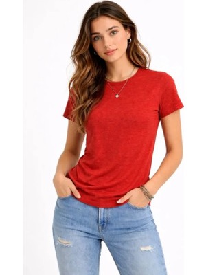 Marsilyan Flam Kumaş Melanj Dokulu Regular Fit Tişört Bisiklet Yaka Yazlık T-Shirt - Kiremit