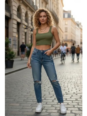 Marsilyan Kadın Haki Yeşili Kalın Askılı Crop Top Büstiyer Esnek Kumaş Şık Basic Kadın Üst Giyim