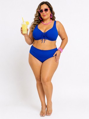 Pierre Cardin Büyük Beden Sabit Kaplı Telli Desenli Üst Bağcık Detaylı Yüksek Bel Kadın Bikini Takımı