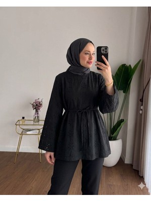 RFK Butik Kadın Çan Kol Fisto Kemerli Bluz Tunik - Siyah