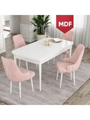 Canisa Concept Ram Serisi MDF 80X132 Açılabilir Beyaz Yemek Masası Takımı 4 Babyface Kumaş Sandalye