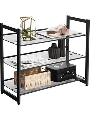 3 Katlı Metal Ayakkabı Rafı, Fileli Raf, Ayarlanabilir Koyma Alanlı Düz Veya Açılı Raf Zeminleri, Koridor, Giriş Alanı Için Istiflenebilir Depo Rafı, 74X62,8X30,7 Cm, Siyah, LMR03B