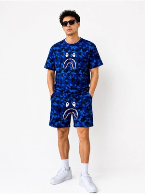 Marsilyan Erkek Oversize Kalıp Pubg Bape x Shark Nakışlı Cepli Şort Takım - Mavi