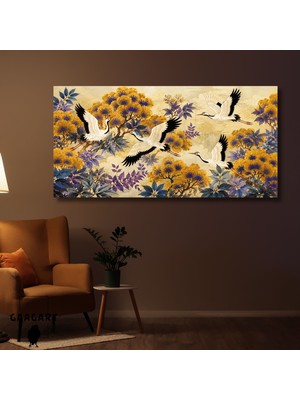 Gaagart Panoramik Kanvas Tablo Uçan Turna Kuşları ve Renkli Çiçekler