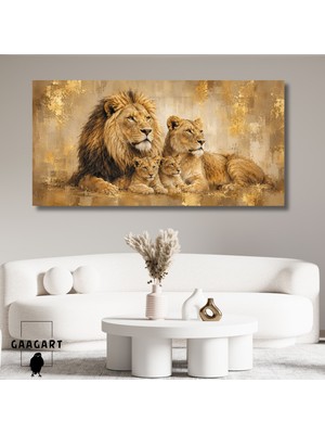 Gaagart Panoramik Kanvas Tablo Aslan Ailesi Yağlı Boya Görünümlü 140x70 cm Kaliteli Kanvas