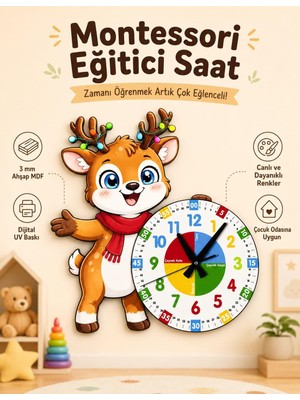 Sevimli Geyik Montessori Çocuk Odası Eğitici Ahşap Duvar Saati - Sessiz Mekanizma, Şık Tasarım Saat