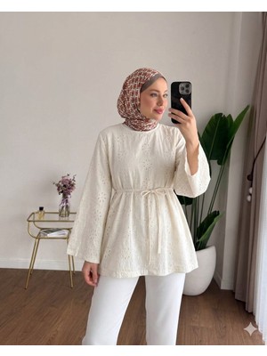 RFK Butik Kadın Çan Kol Fisto Kemerli Bluz Tunik - Bej