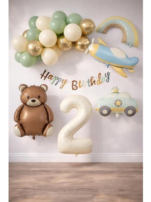 Retro 2 Yaş Doğum Günü Seti; Uçak, Araba, Gökkuşağı, Ayıcık ve 20 Adet Lateks Balon Set