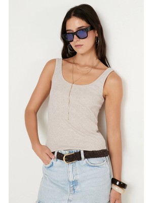 Altınyıldız Classics Kadın Bej Melanj Premium Pamuklu Kaşkorse Yumuşak Dokulu Esnek Body Slim Fit Dar Kesim Bisiklet Yaka