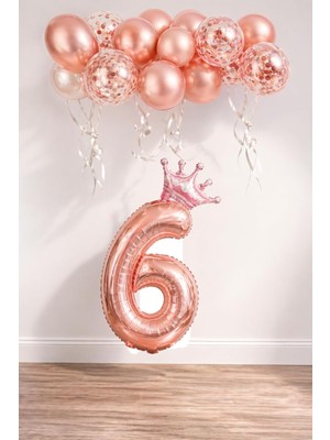 6 Rakam Rose Gold Folyo Balon, Kral Tacı ve Konfetili Rose Gold Balon