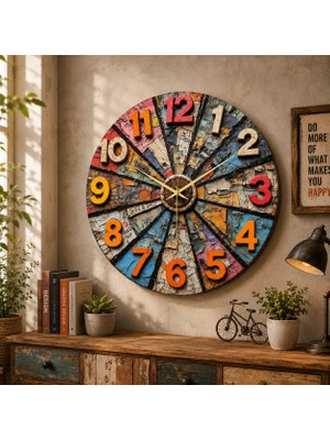 AA Shop Modern Ahşap Yuvarlak Duvar Saati 45 cm Renkli Baskı Desenli Sessiz Mekanizma ile