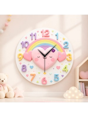 Renkli Baskı Kalp Çocuk Desenli Sayılı Hediyelik Ahşap Sessiz Duvar Saati 45CM
