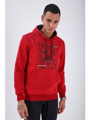Tommy Life Kırmızı Kamuflaj Desen Baskılı Standart Kalıp Kapüşonlu Erkek Sweatshirt - 87884