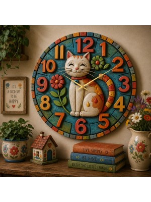 AA Shop Kedi Çiçek Renkli Baskı Desenli Sayılı Hediyelik Ahşap Sessiz Tablo Duvar Saati