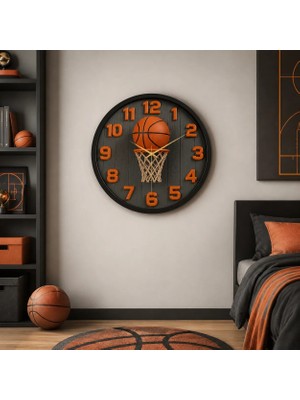 AA Shop Basketbol Top Pota Renkli Baskı Desenli Sayılı Hediyelik Ahşap Sessiz Tablo Duvar Saati