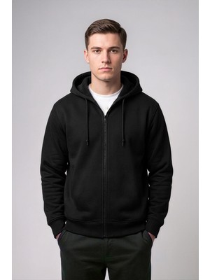 Markapia Man Erkek Fermuarlı Kapüşonlu Içi Polarlı Siyah Sweatshirt