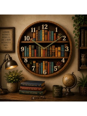 AA Shop Kitap Raf Kütüphane Renkli Baskı Desenli Sayılı Hediyelik Ahşap Sessiz Tablo Duvar Saati 636