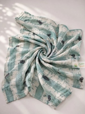Ecotton Works Yeşil Kuşlu Müslin Bebek Örtüsü %100 Pamuklu 120 cm x 120 cm Geniş Kullanım Alanı
