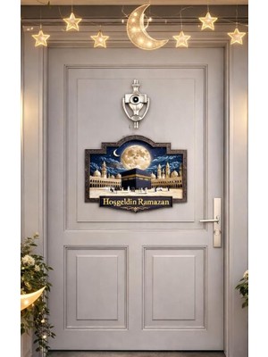 28-23 cm Hoş Geldin Ramazan Dekorlu Ahşap Kapı Süsü, Ramazan Süsleri, Ramazan Tavan Süsü