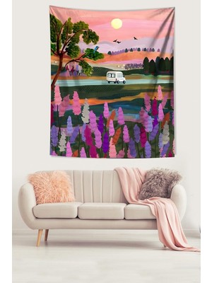 Gün Batımı Yolculuk Yoldaki Araba Leke Tutmaz Kumaş Duvar Örtüsü Duvar Halısı Tapestry PNTR003, 100 x 140