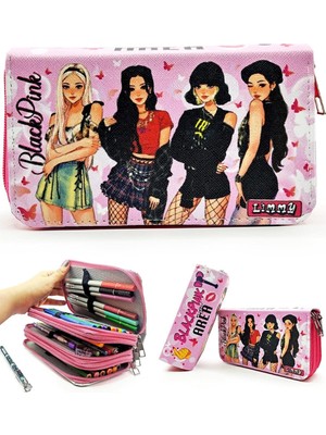 Kalem Kutusu Black Pink Organizer Kalemkutu Vegan Deri Üç Bölmeli Kalemlik-Pembe