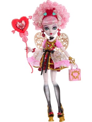 Monster High Pembe ve Kırmızı Parti Elbisesi Giyen Havalı Doğum Günü Cupid Asteria Bebek ve Davetiye, Balon, Hediye Gibi Temaya Uygun Aksesuarlar, JBG77