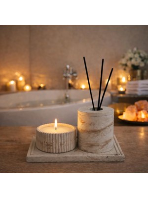 Beton Banyo Seti, Mum, Difüzör Oda Kokusu Kabı ve Dekoratif Tepsi, Banyo Dekoru, 4 Parça Set, (Koku Çubuk Hariç)