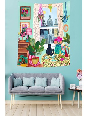 Penceredeki Kedi Bohem Iskandinav Stil Yaprak Leke Tutmaz Kumaş Duvar Örtüsü Duvar Halısı Tapestry PNTR041, 140 x 230