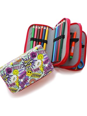 Kutusu Wow Oops Boom Smile Desenli Kawai Organizer Kalemkutu Vegan Deri Üç Bölmeli Kalemlik