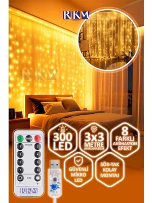Dekoratif Perde LED 3x3 Gün Işığı Peri LED 300 Ledli 3MX3M Kumandalı 8 Modlu Usb'li Süsleme Ledi