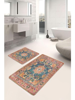 Realhomes Real Homes Turuncu Zeminde Uşak Motifli Geleneksel Avangarde Etnik Motifler 2'li Banyo &amp; Mutfak Paspas Takımı