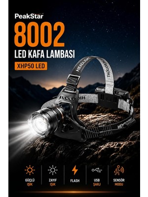 Peakstar PS-8002 Sensörlü Zoomlu Profesyonel 3000 Lümen XHP50 LED Usb'li Şarjlı Kafa Lambası