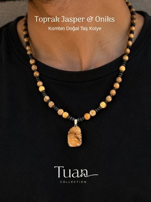 Tuan Collection Toprak Jasper & Oniks Doğal Taş Kolye Unisex El Yapımı Doğal Taş Kolye Özel Tasarım
