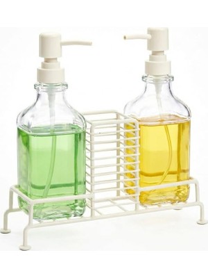 Amberhaus 2'li Standlı Kare Cam Sabunluk Seti / 2 x 500 ml / Ferforje Metal Standlı Siyah & Krem Renk Seçeneği / Sünger/fırça Bölmeli Mutfak ve Banyo Düzenleyici (Krem)