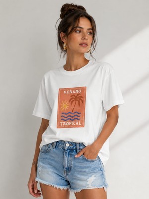 Snow Basic Rahat Günlük Baskılı Beyaz Kadın T-Shirt