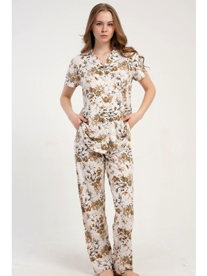 Kezokino Kadın Önden Düğmeli Kısa Kol Sarı Pijama Takımı C8T7N2215
