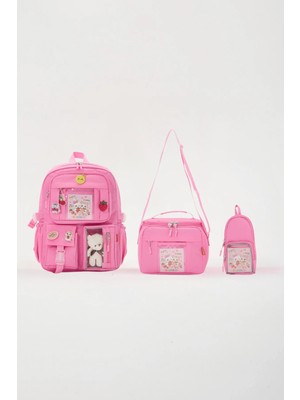 Roxbros Lisanslı Kore Tarzı Kawaii Aksesuarlı Kız Çocuk 3'lü Ilkokul Çanta Seti + Ayıcıklı Okul Çantası + Termal Beslenme Çantası  + Kalemlik