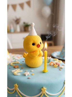 Üfleyen Sevimli Civciv Pasta SÜSÜ(10CM)/ Doğum Günü Dekoru & Mum Üfleyen Figür Civciv/ Pasta Üstü Süsü/ Parti Dekoru