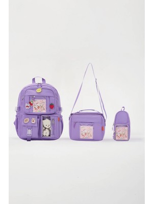 Roxbros Lisanslı Kore Tarzı Kawaii Aksesuarlı Kız Çocuk 3'lü Ilkokul Çanta Seti + Ayıcıklı Okul Çantası + Termal Beslenme Çantası  + Kalemlik